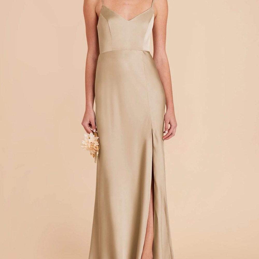 Birdy Grey Satin Tan Gown with Spaghetti Straps